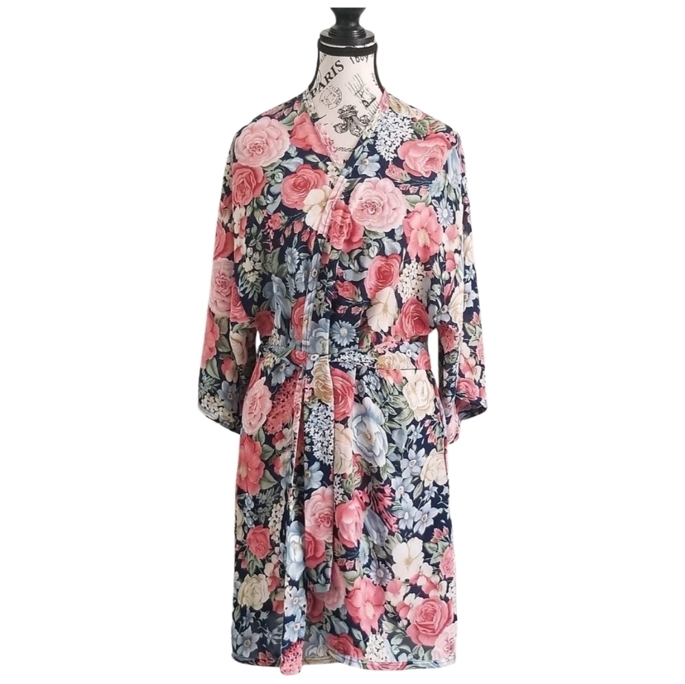🇨🇦 90s Patricia Lingerie Pink and Blue Floral Kimono Robe Duster